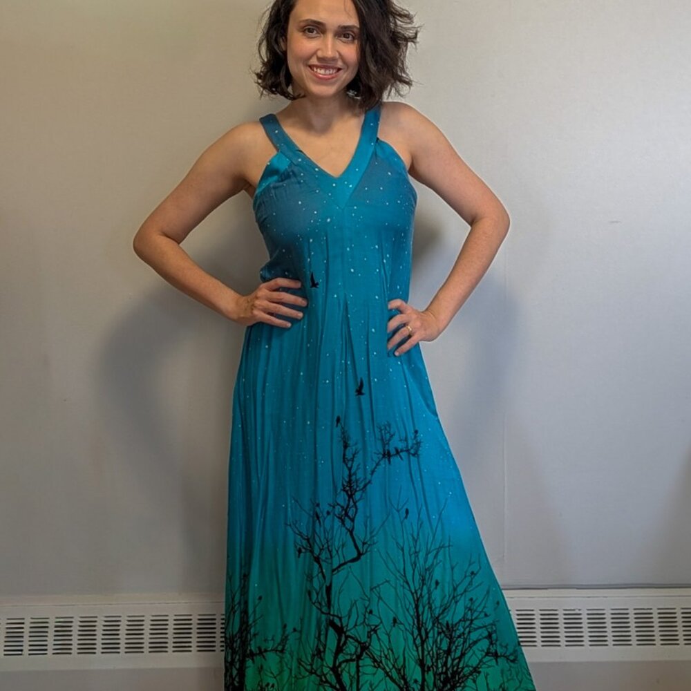 Blue and Green Forest-Print Maxi Dress